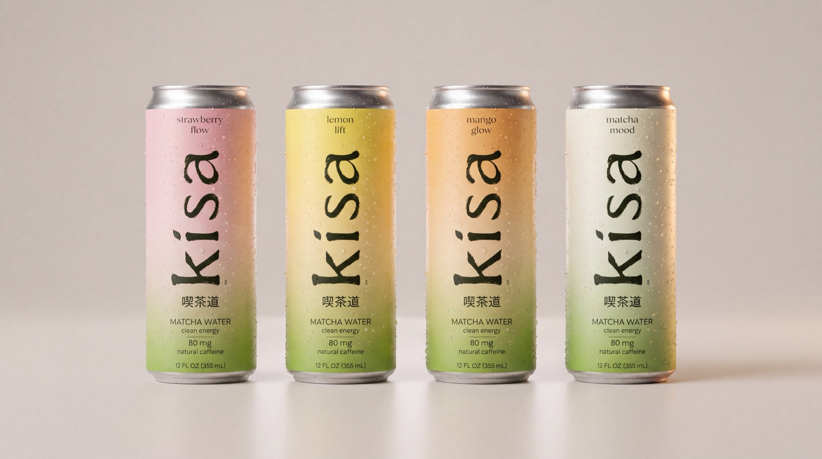 Four kísa cans: strawberry flow, lemon lift, mango glow and matcha mood
